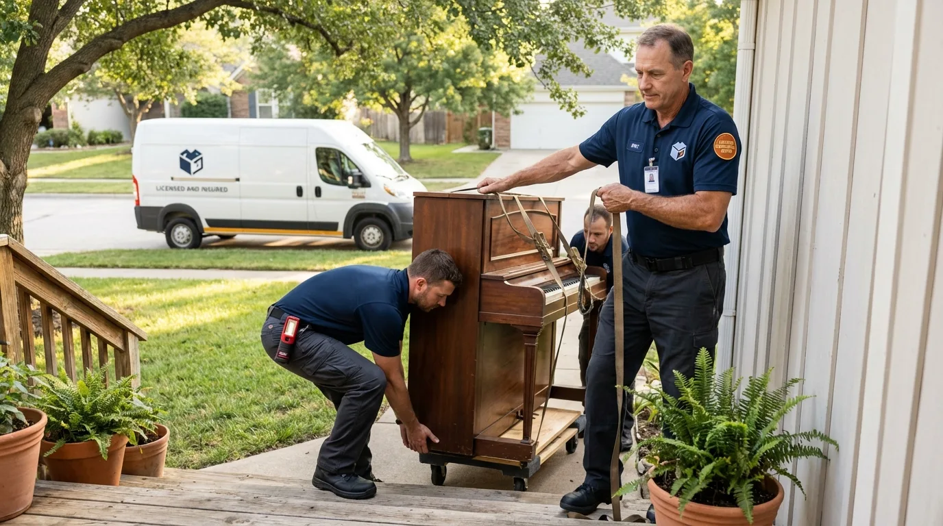 Licensed piano movers securing grand piano in Connelly Springs, NC