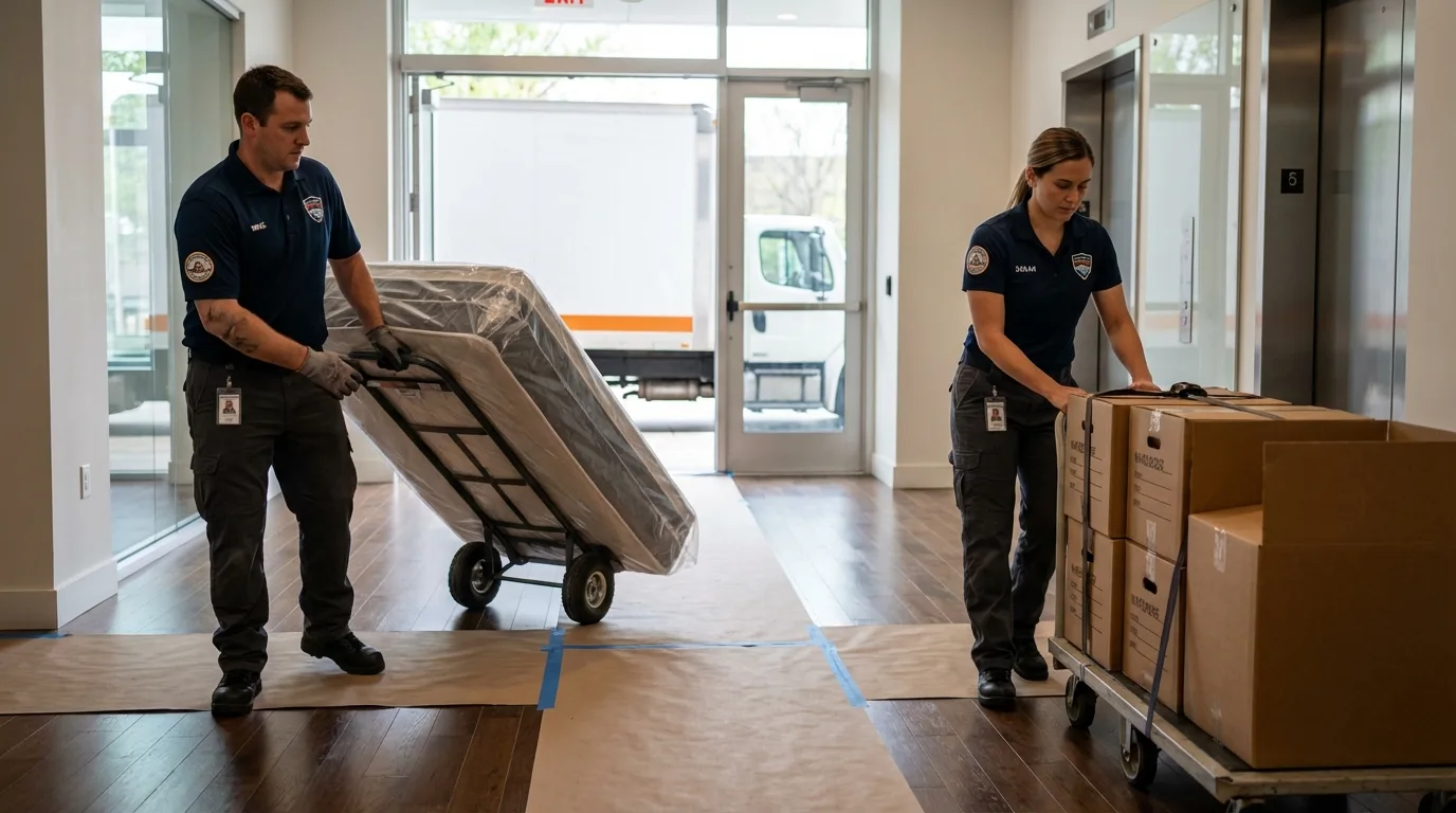 Professional apartment movers loading elevator in Connelly Springs, NC
