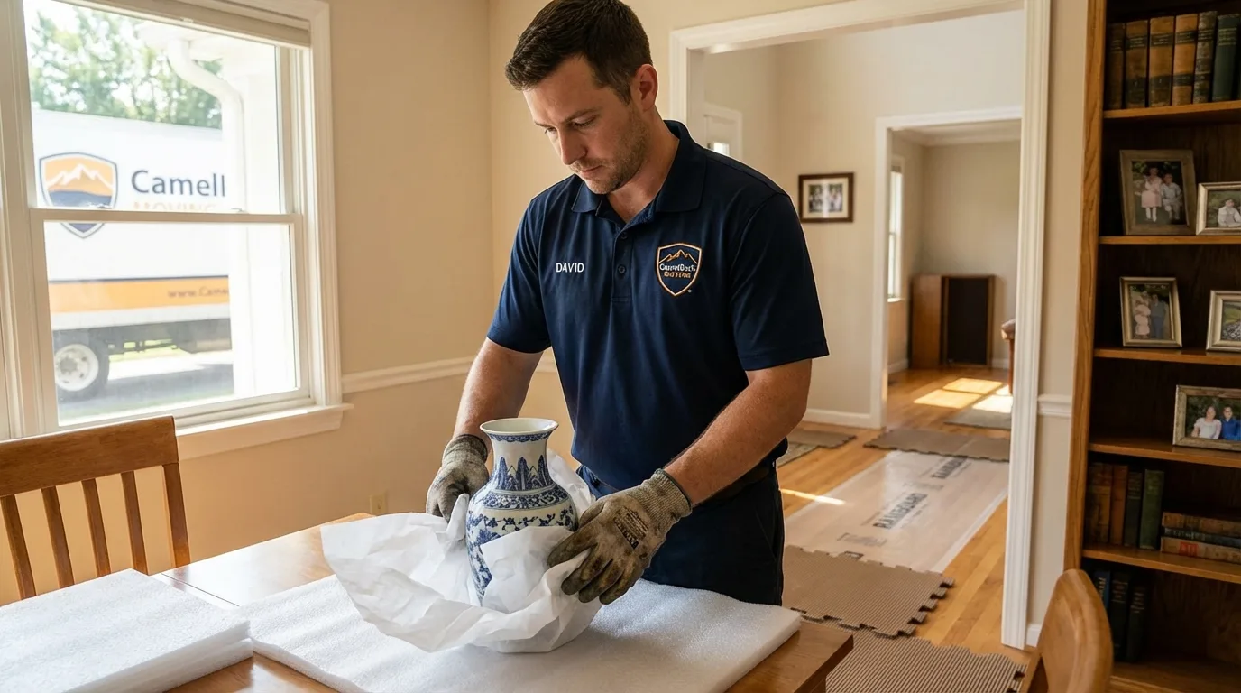 Professional crew carefully wrapping antique vase for senior downsizing move in Connelly Springs, NC